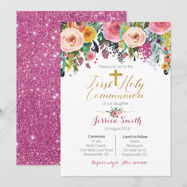 Pink Purple First Holy Communion Invitations (Front/Back)