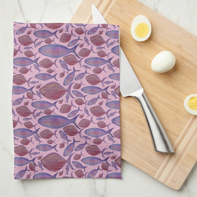 Pink & Purple Fish  Tea Towel (Quarter Fold)