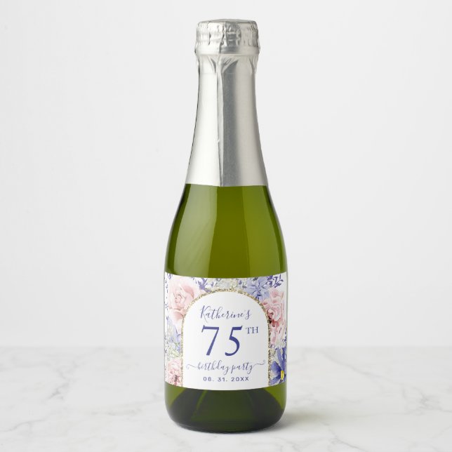 Pink Purple Floral 75th Birthday Party  Sparkling Wine Label (Front)