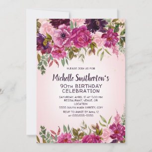 Pink Purple Floral 90th Birthday Invitation
