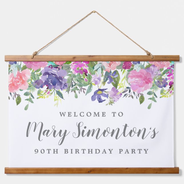 Pink Purple Floral 90th Birthday Welcome Banner Hanging Tapestry (Front)