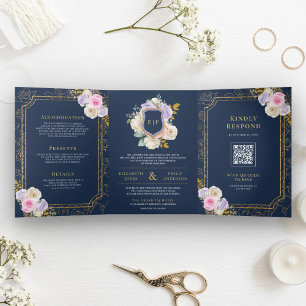 Pink Purple Floral All in One Crest Navy Wedding Tri-Fold Invitation