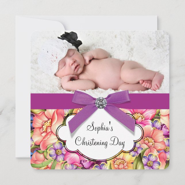 Pink Purple Floral Baby Girl Photo Christening Invitation (Front)