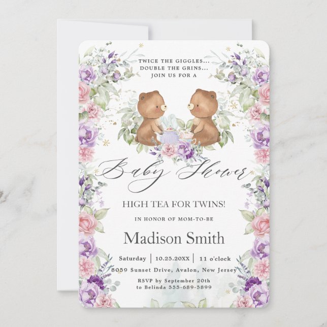 Pink Purple Floral Bears Tea Twins Baby Shower Invitation (Front)