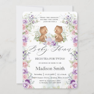 Pink Purple Floral Bears Tea Twins Baby Shower Invitation
