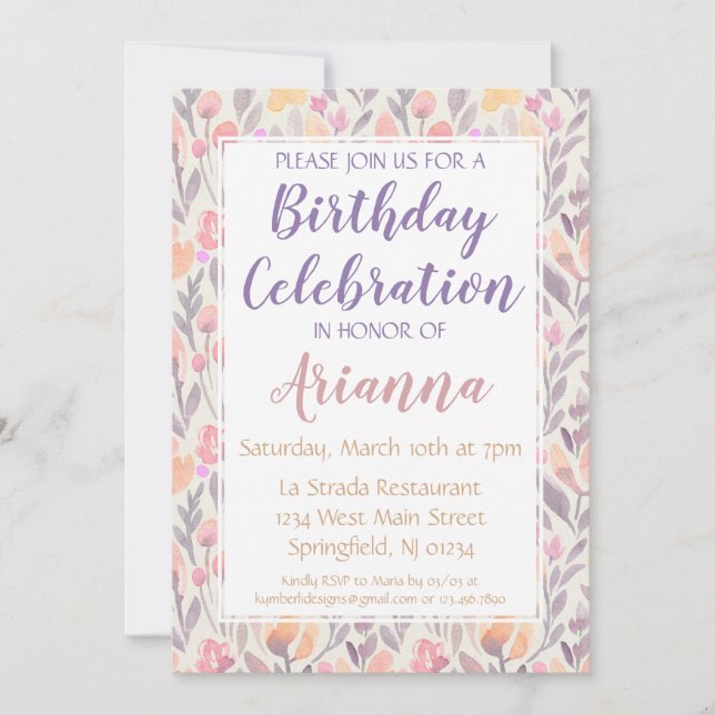 Pink & Purple Floral Birthday Invitation (Front)