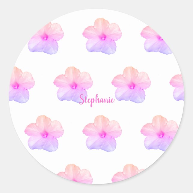Pink Purple Floral Birthday Wedding Custom Name Classic Round Sticker (Front)