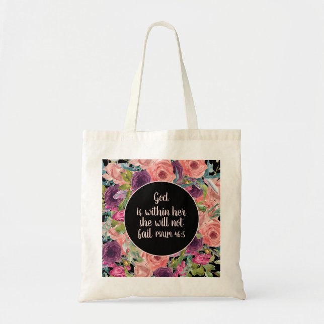 Pink Purple Floral Black Christian God is With Her Tote Bag (Front)