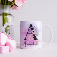 Pink Purple Floral Black Letter Monogram A