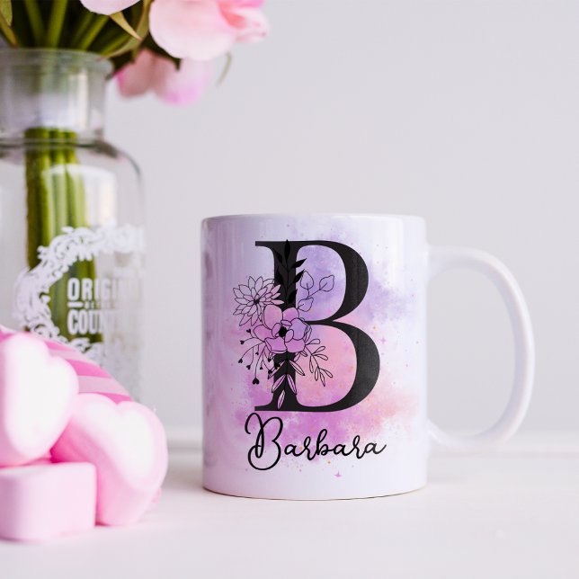 Pink Purple Floral Black Letter Monogram B Coffee Mug (Creator Uploaded)