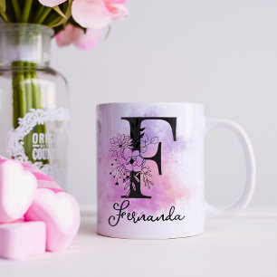 Pink Purple Floral Black Letter Monogram F Coffee Mug