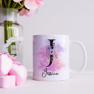 Pink Purple Floral Black Letter Monogram J Coffee Mug