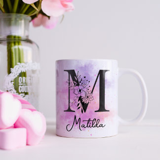 Pink Purple Floral Black Letter Monogram M Coffee Mug