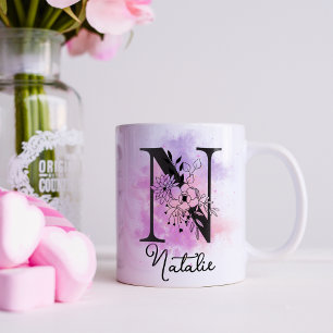 Pink Purple Floral Black Letter Monogram N Coffee Mug