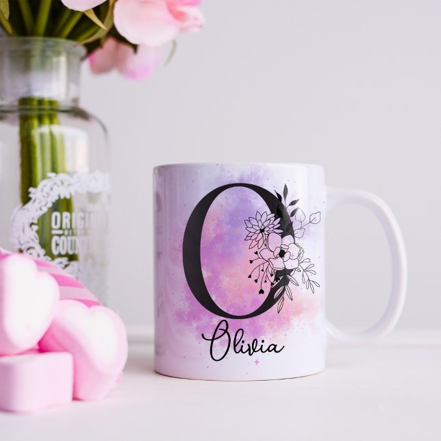 Pink Purple Floral Black Letter Monogram O Coffee Mug (Creator Uploaded)