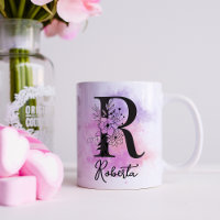 Pink Purple Floral Black Letter Monogram R