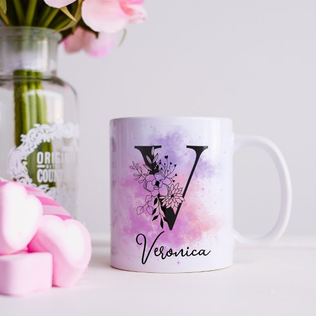 Pink Purple Floral Black Letter Monogram V Coffee Mug (Creator Uploaded)