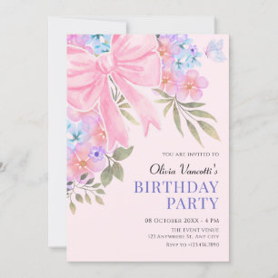 Pink purple Floral bow birthday Invitation