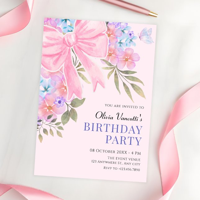 Pink purple Floral bow birthday Invitation (Creator Uploaded)