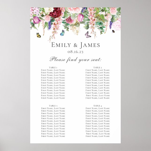 Pink Purple Floral & Butterflies Seating Chart (Front)