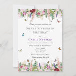 Pink Purple Floral & Butterfly | 16th Birthday Invitation<br><div class="desc">Pretty, summery, modern and elegant, this sweet sixteenth birthday invitation features a lovely garden of pink and purple flowers with butterflies and bumble bees flying around. This would be perfect for a spring or summer outdoors birthday party.. You can customise all of the text and graphic placement details to your...</div>