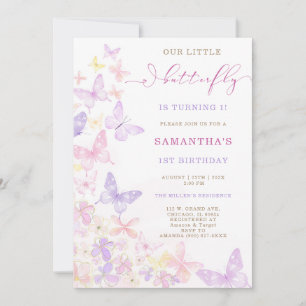 Pink Purple Floral Butterfly Birthday Invitation