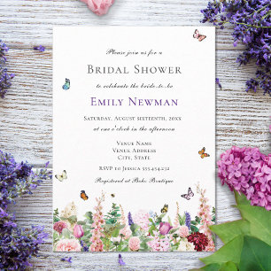 Pink Purple Floral Butterfly Bridal Shower  Invitation