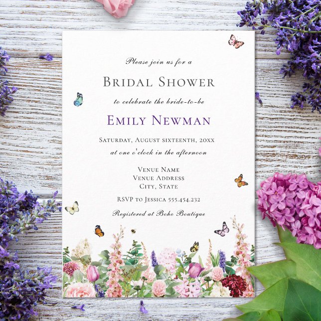 Pink Purple Floral Butterfly Bridal Shower  Invitation (Creator Uploaded)