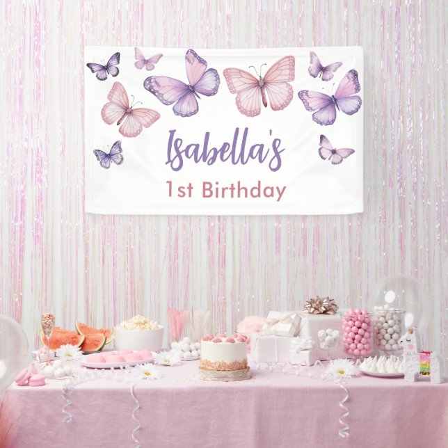 Pink Purple Floral Butterfly Girl 1st Birthday  Banner (Party)