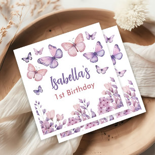 Pink Purple Floral Butterfly Girl 1st Birthday Napkin
