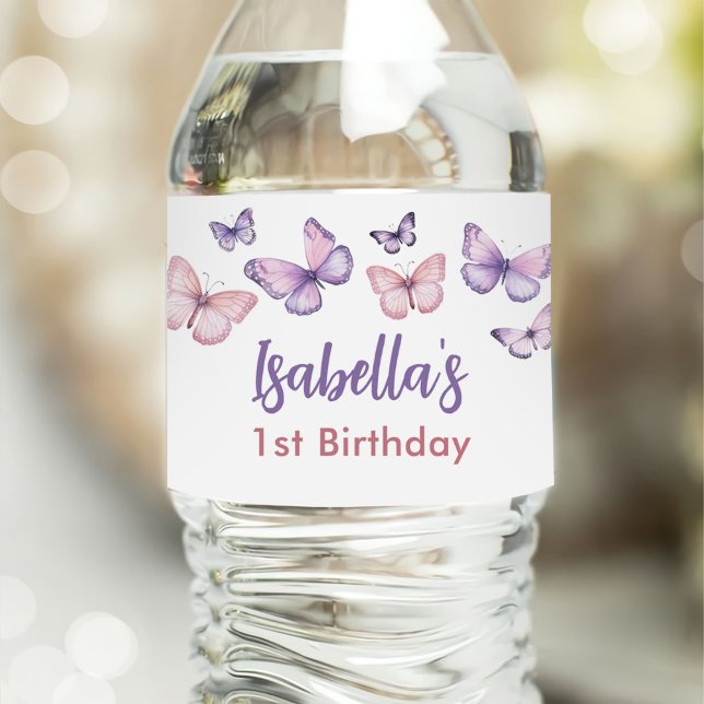 Pink Purple Floral Butterfly Girl 1st Birthday  Water Bottle Label (Creator Uploaded)