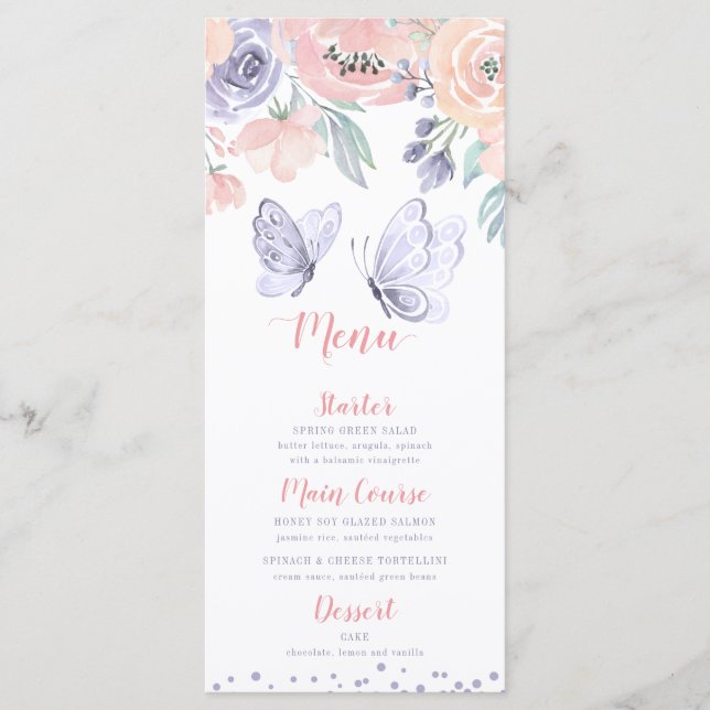 Pink Purple Floral Butterfly Girl Baby Shower Menu (Front)