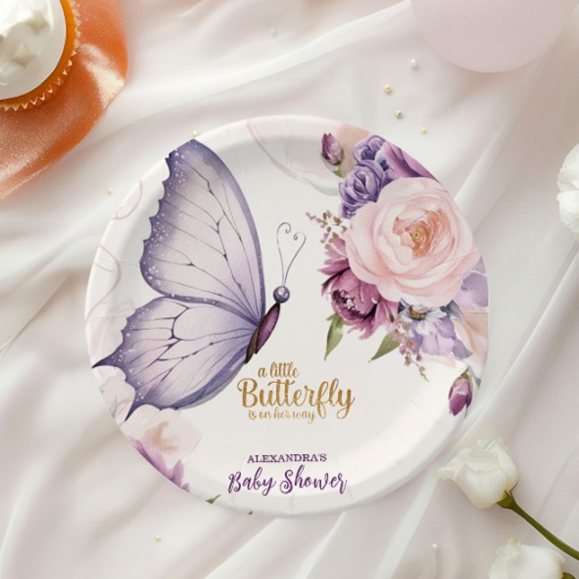 Pink Purple Floral Butterfly Girl Baby Shower Paper Plate (Creator Uploaded)