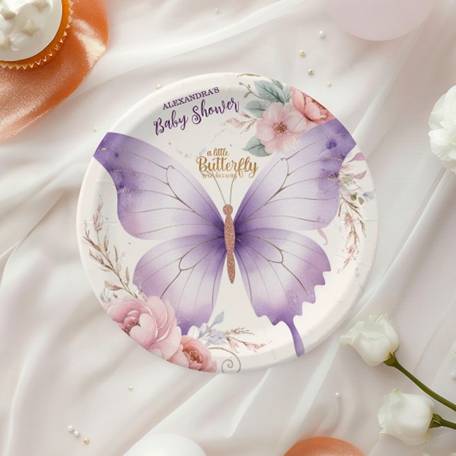 Pink Purple Floral Butterfly Girl Baby Shower Paper Plate (Creator Uploaded)