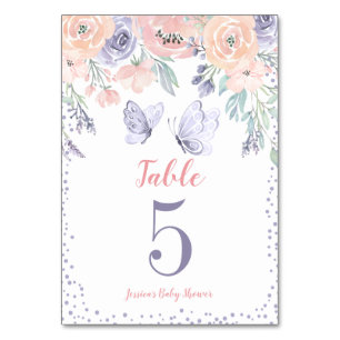 Pink Purple Floral Butterfly Girl Baby Shower Table Number