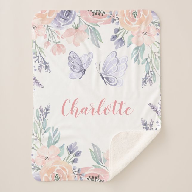 Pink Purple Floral Butterfly Personalised Girl Sherpa Blanket (Front)