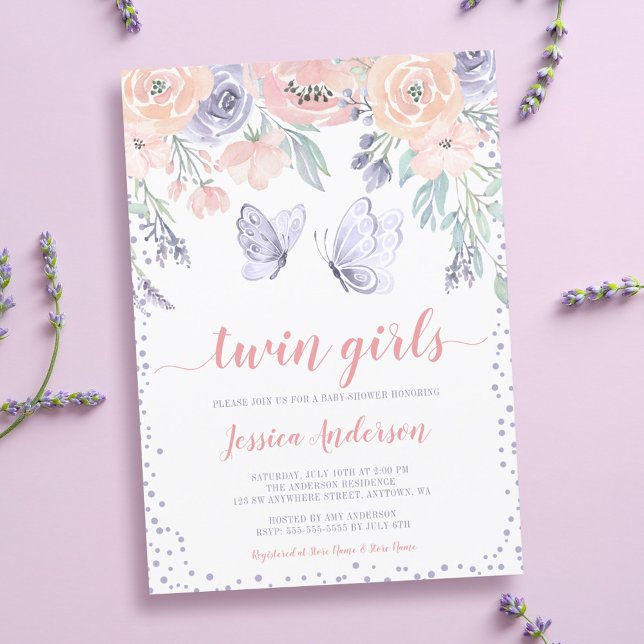 Pink Purple Floral Butterfly Twin Girl Baby Shower Invitation (Creator Uploaded)
