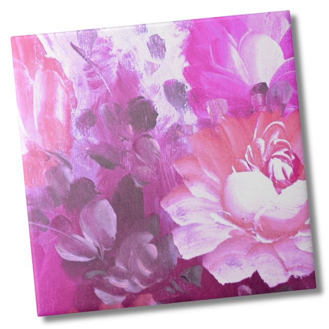 Pink Purple Floral Ceramic Tile (Whimsical Purple Pink Botanical Painted Floral Ceramic Tile)