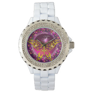 PINK PURPLE FLORAL CROWN GOLD BUTTERFLY ,GEMSTONES WATCH