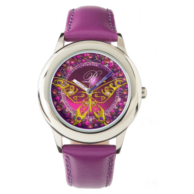 PINK PURPLE FLORAL CROWN GOLD BUTTERFLY ,GEMSTONES WATCH (Front)