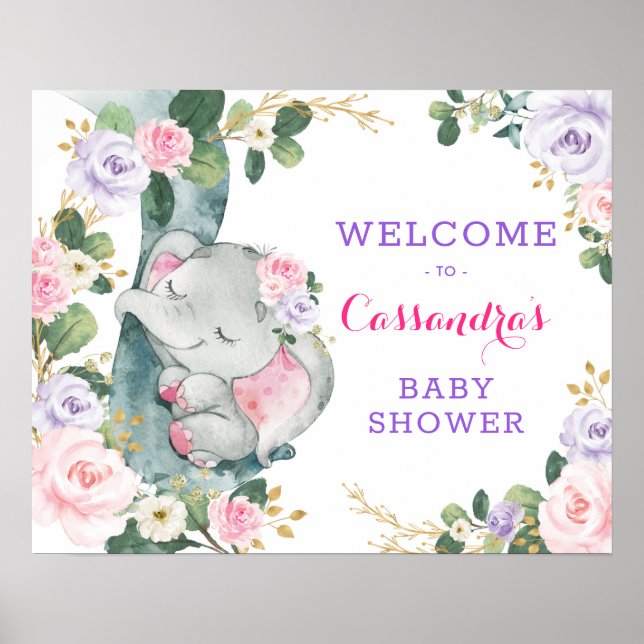 Pink Purple Floral Elephant Eucalyptus Welcome Poster (Front)