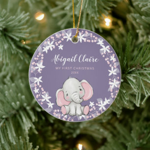 Pink Purple Floral Elephant Girl 1st Christmas Ceramic Ornament