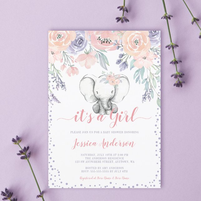 Pink Purple Floral Elephant Girl Baby Shower Invitation (Creator Uploaded)