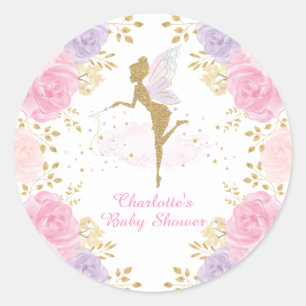 Pink Purple Floral Fairy Birthday Baby Girl Shower Classic Round Sticker