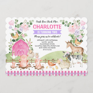 Pink Purple Floral Farm Barnyard Animals Birthday Invitation