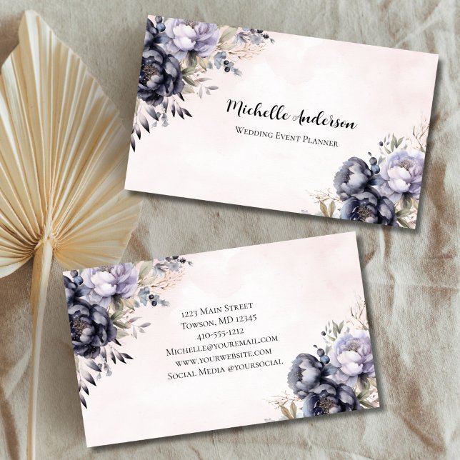 Pink Purple Floral Flowers Wedding Event Planner Business Card (Purple Watercolor Floral Wedding Event Planner, Florist Feminine Business card for her)