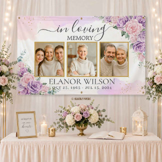 Pink Purple Floral Funeral Memorial Photo Collage Banner