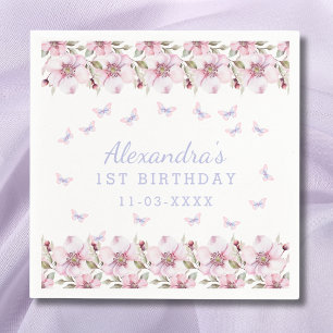 Pink Purple Floral Girl Butterfly 1st Birthday Napkin