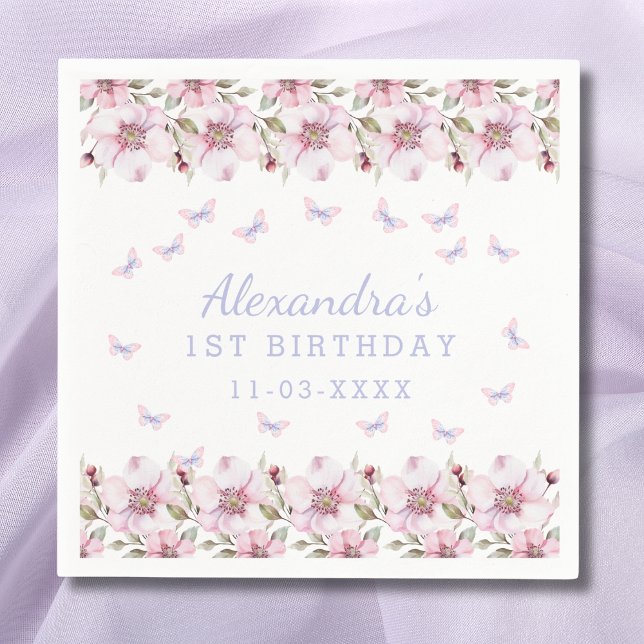 Pink Purple Floral Girl Butterfly 1st Birthday Napkin (Creator Uploaded)