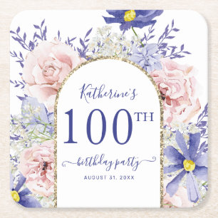 Pink Purple Floral God Frame 100th Birthday Party Square Paper Coaster